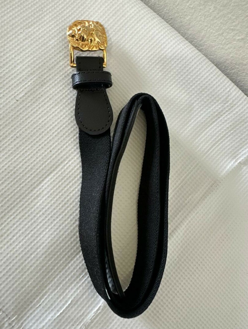 Chic Black Stretch Waist Belt with Gold Lion Statement Buckle Size 35